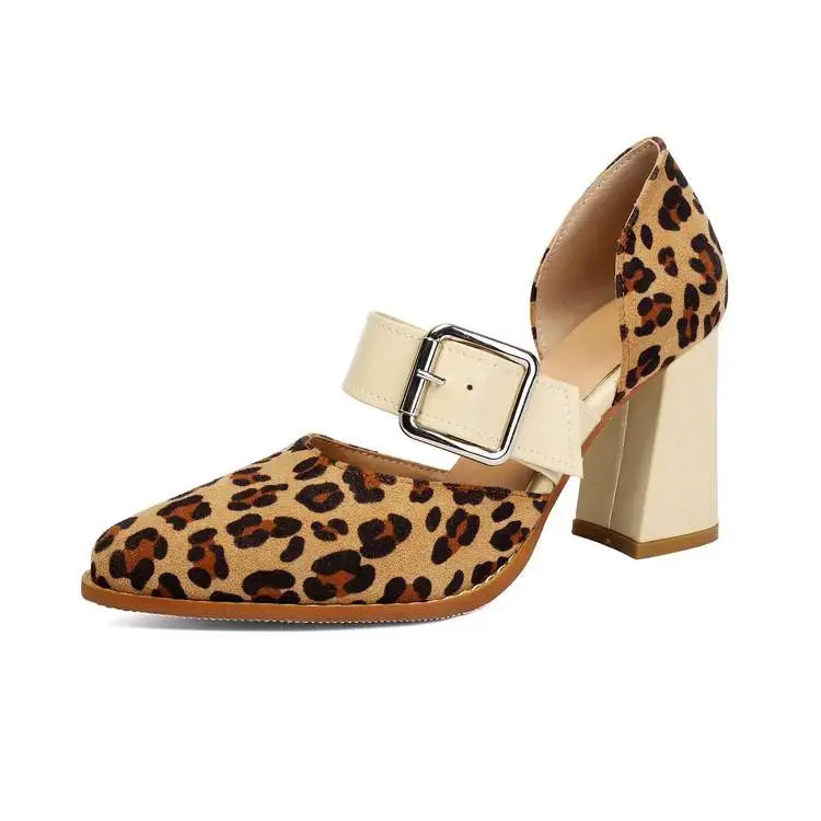 SpringAutumn New Model Fashion High Heels Nude Shoes Color Blocking Pointed Tip Buckle Leopard Print Sexy Party Women's Shoes
