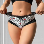 1pcs Low Waist Print Decor Sexy Lace Women's Panties Patchwork Elegant Sexy Lingerie Breathable Comfortable Fashion Lady Briefs