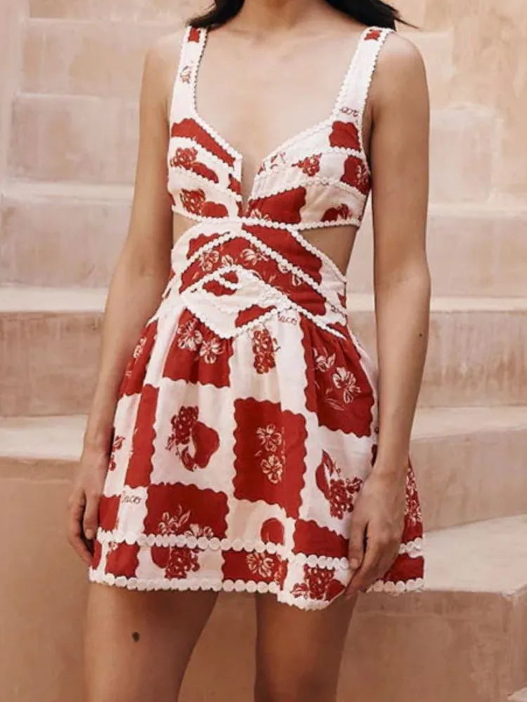 Sweet And Spicy Flower Print Mini Dresses Women Sexy Hollow Out Backless Sleeveless Short Dress Fashion Spaghetti Strap Vestidos
