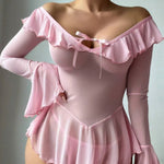 Off‑Shoulder Sheer Mesh Nightgowns Ruffle Trim Bow Front Long Flare Sleeve See‑Through Mini Dress Seductive Bodycon Sleepwears