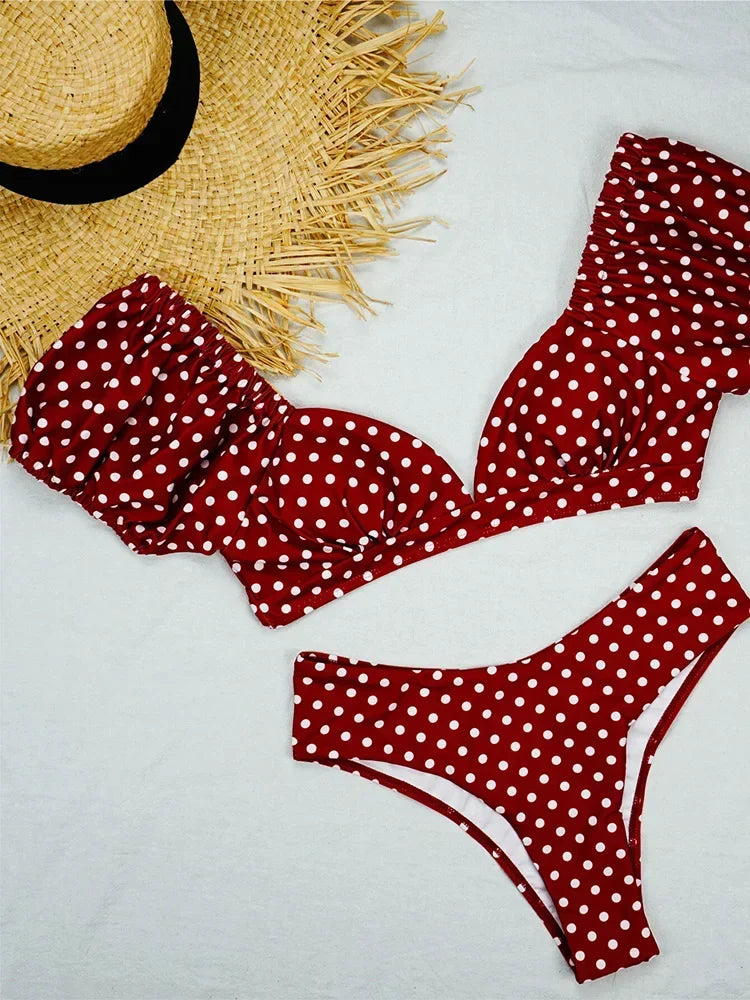 Sexy V Neck Short Sleeve Polka Dot Bikini Female Swimsuit Women Swimwear Two-pieces Bikini set Bather Bathing Suit Swim Lady