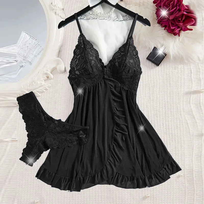 V-neck Luxury Pajama Set With Thong Women Nightgown For Sleeping Hot Femme Sleepwear Summer Sleeveless Sleep Dress Holiday Gifts