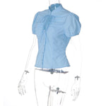 FDYOUI Fashion Stand Collar Lace-up Hollow Out T-shirts Women Chic Short Sleeve Single Breasted Crop Top Folds Solid Tee Shirt