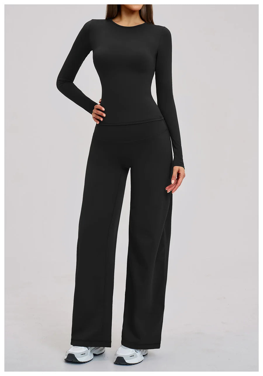 Yoga Set 2 Pieces Women Fitness Sportswear Gym Loose wide-leg pants Long-sleeved T-shirt Sports Crop Tops Tracksuit Workout Wear