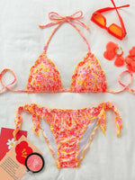 Women Cute Bikini Set 2025 New Summer Orange Floral Print Halter Ruffles Push Up Tie Side Thong Swimsuit Bathing Suit