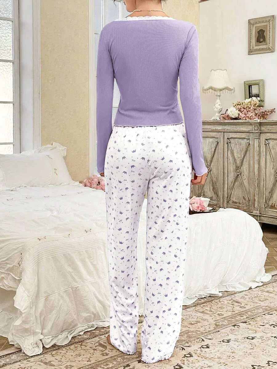 Women SleepwearLong Sleeve T-shirt with Long Trouses Set Autumn Winter Pajamas Set Homewear Femme Loungewear