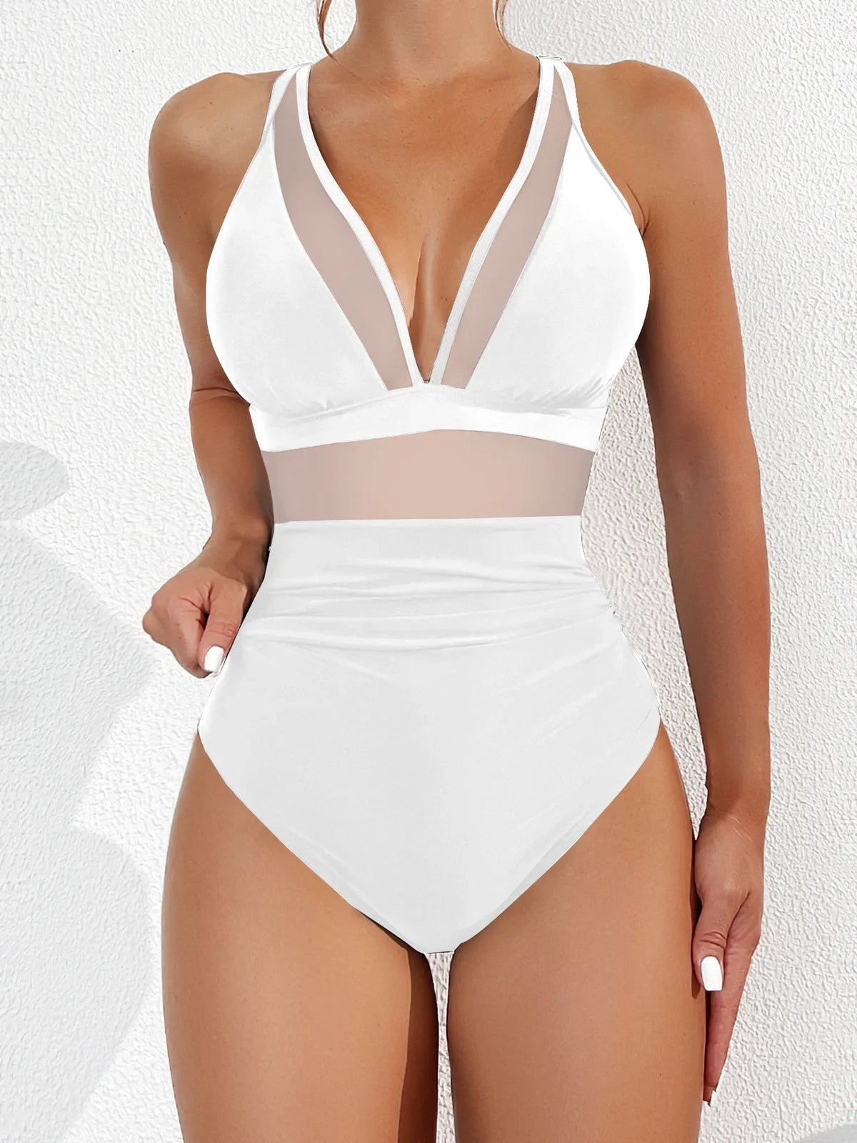 Sexy Black One Piece Swimsuit 2026 Women Mesh Patchwork Transparent Tummy Control Swimwear Bathing Suit See Through Monokini