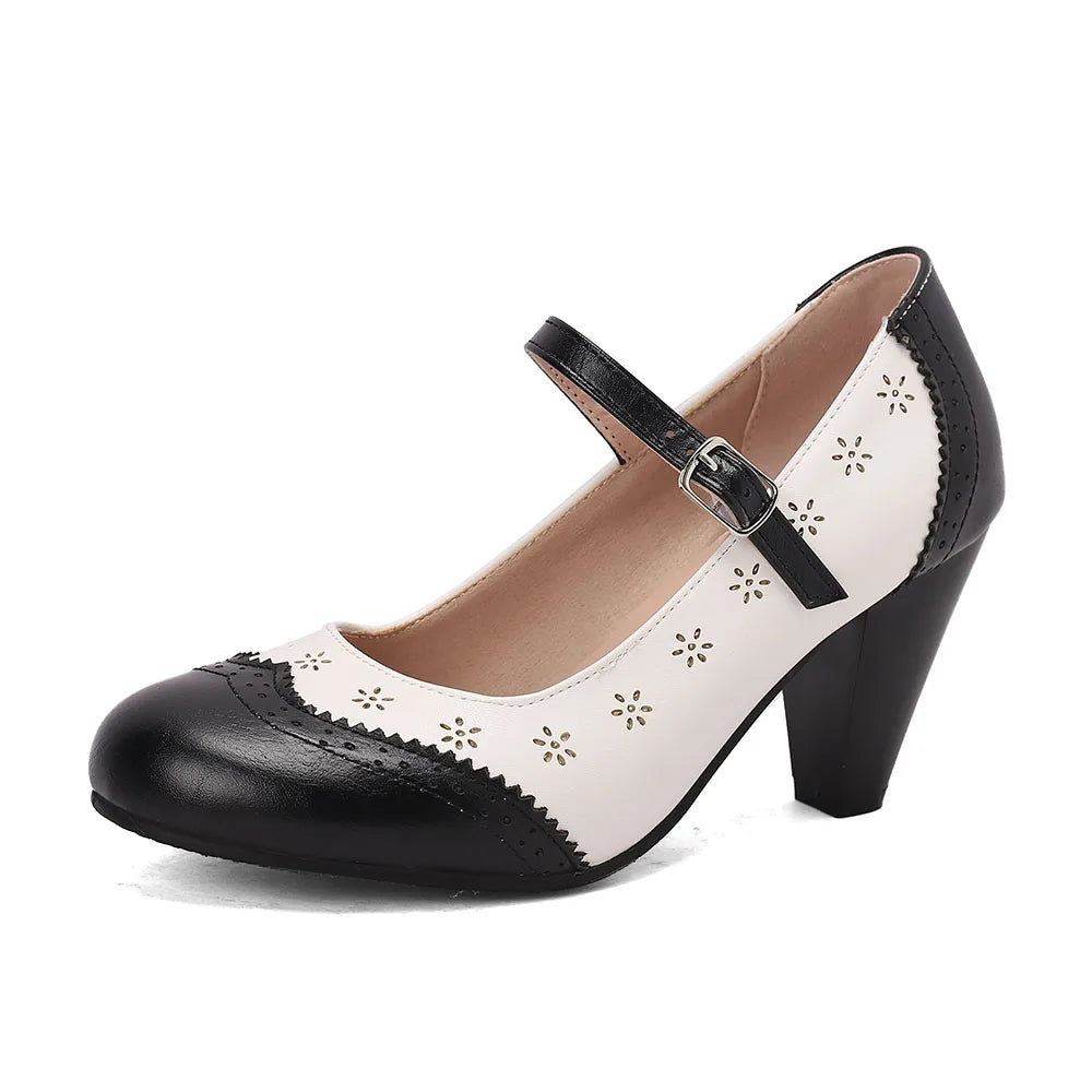 2026 Plus Size 48 Vintage Brown 7.5cm High Heels Mary Janes Pumps Retro Comfy Walk Summer Pink Office Lady Brogue Shoes Women