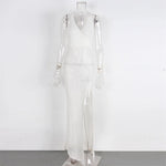 S - XL V Neck Slit Long Dress Sexy Mesh Backless Knitted Crochet Tunic Beach Cover Up Cover-ups Beach Dress Beachwear V3767B