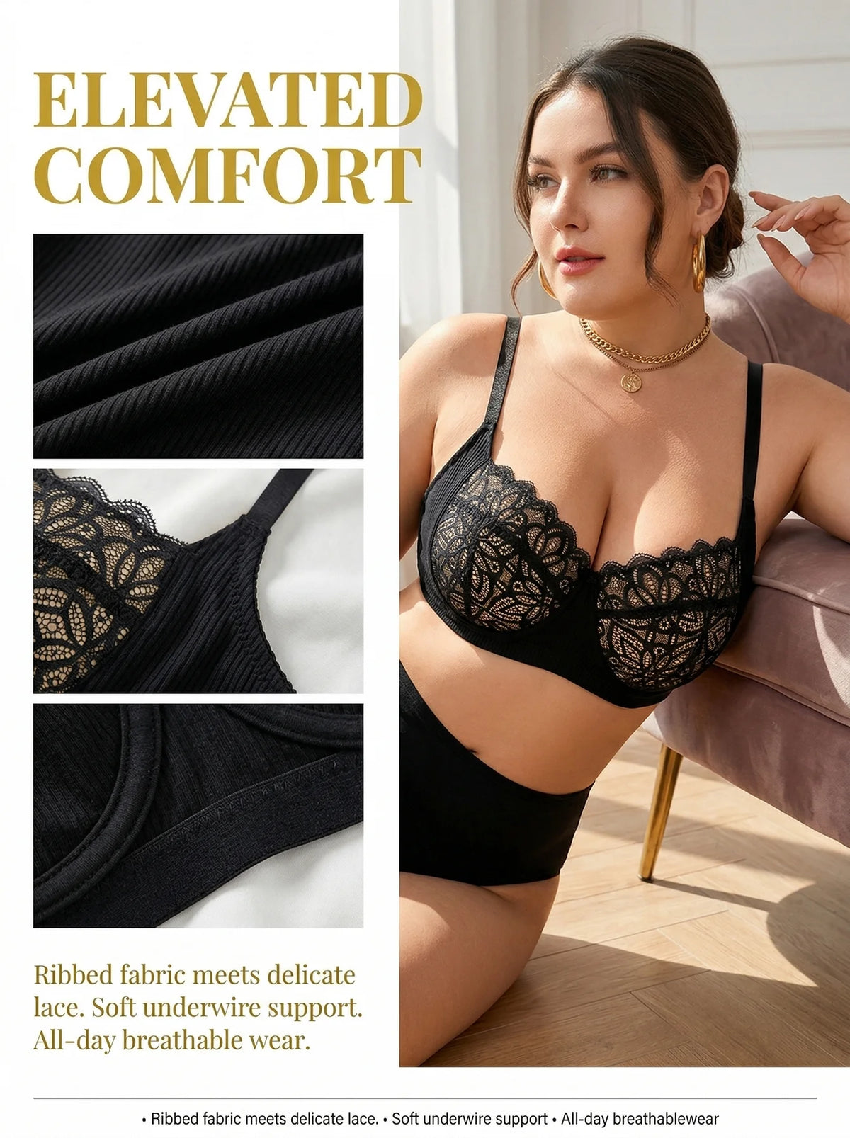 Women Plus Size Lace 3/4 cup Bra Wide Strap Full Cup C D Push Up Bra Comfortable Everyday Lingerie MR3085