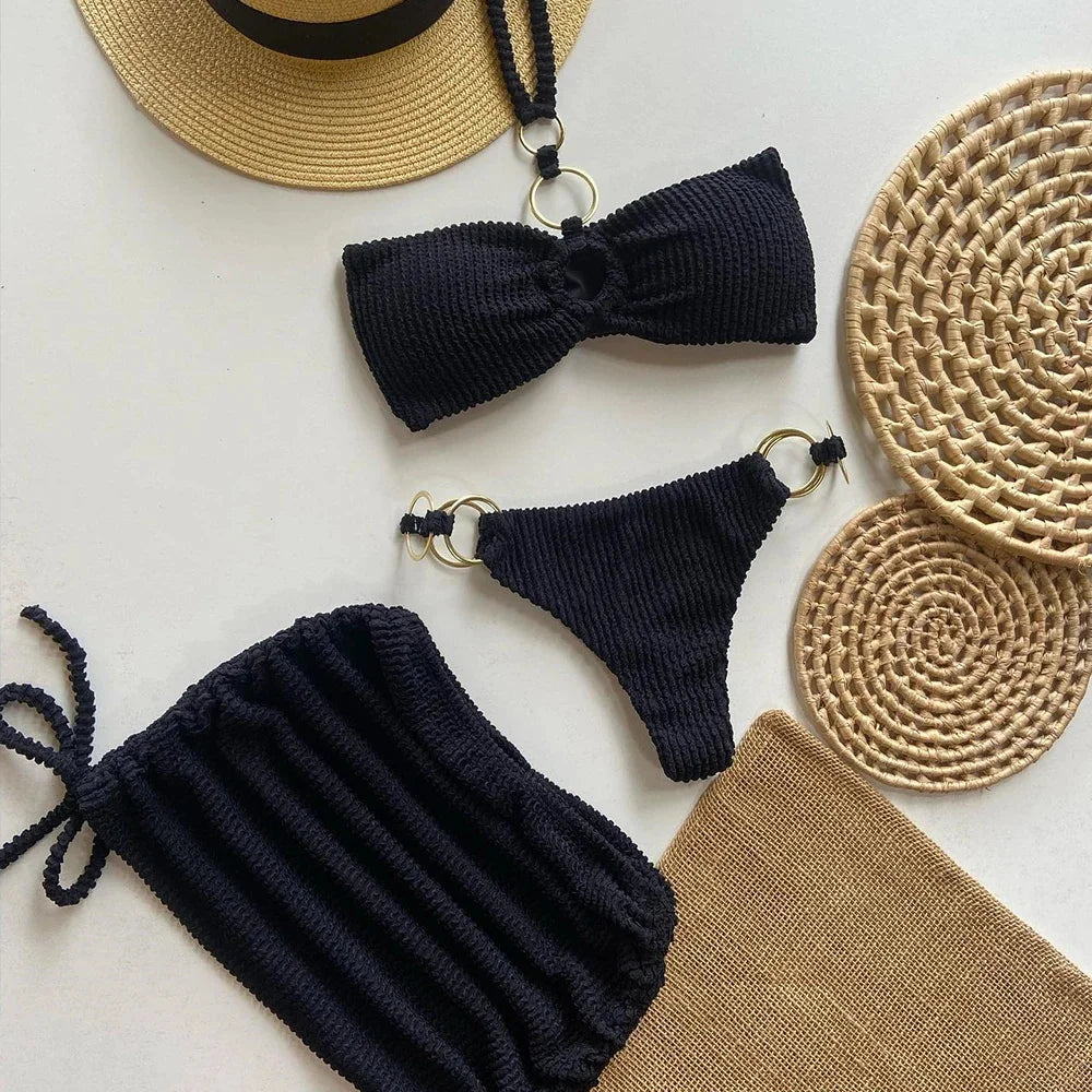 Sexy 3 pieces Bandeau Bikini 2024 Women Swimsuit Female Swimwear Thong Bikinis Set Brazilian Beach Wear Bathing Suit Biquini