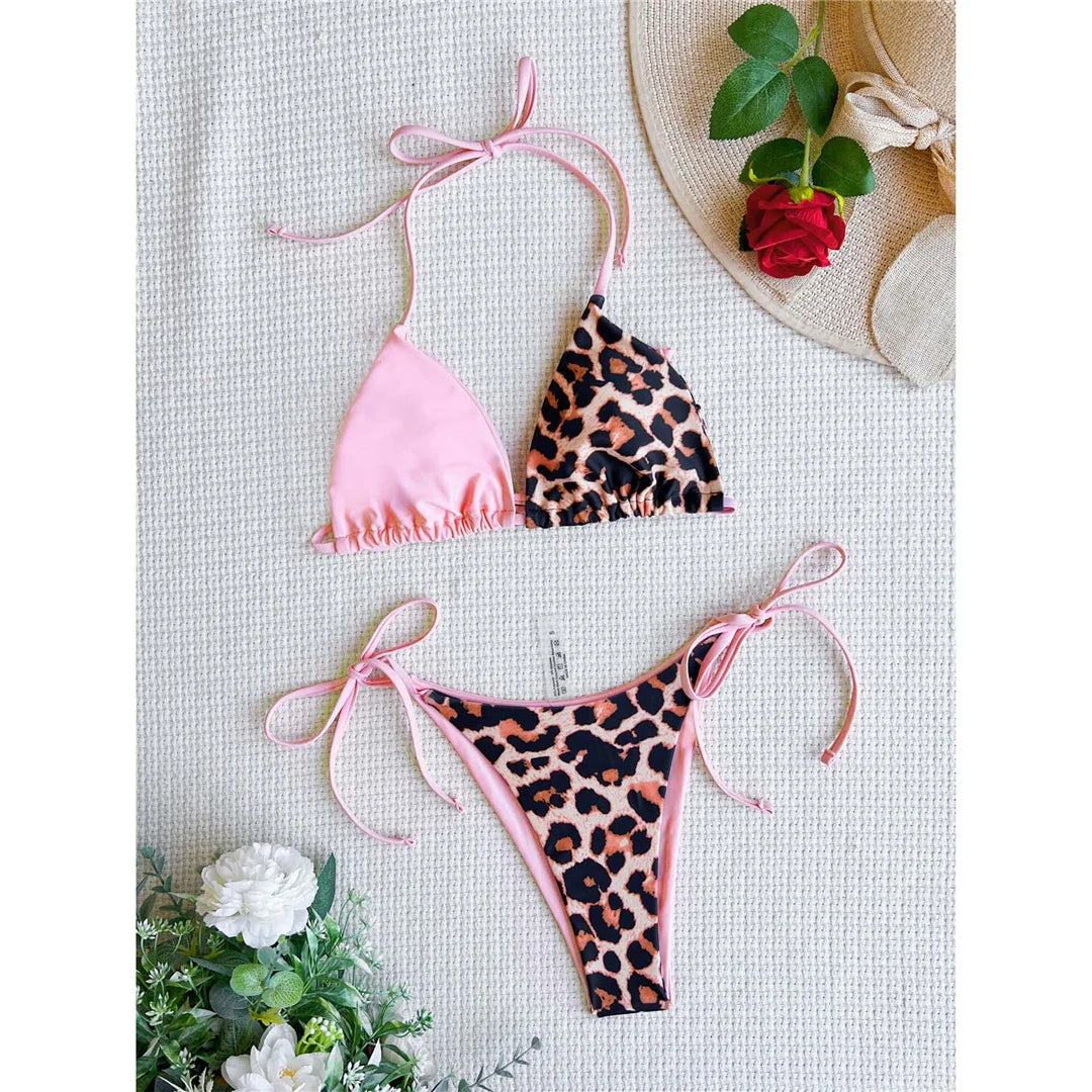 XS - L 8 Color Splicing Halter Leopard Bikini Female Swimsuit Women Swimwear Two-piece Bikini set Bather Bathing Suit Swim V3736
