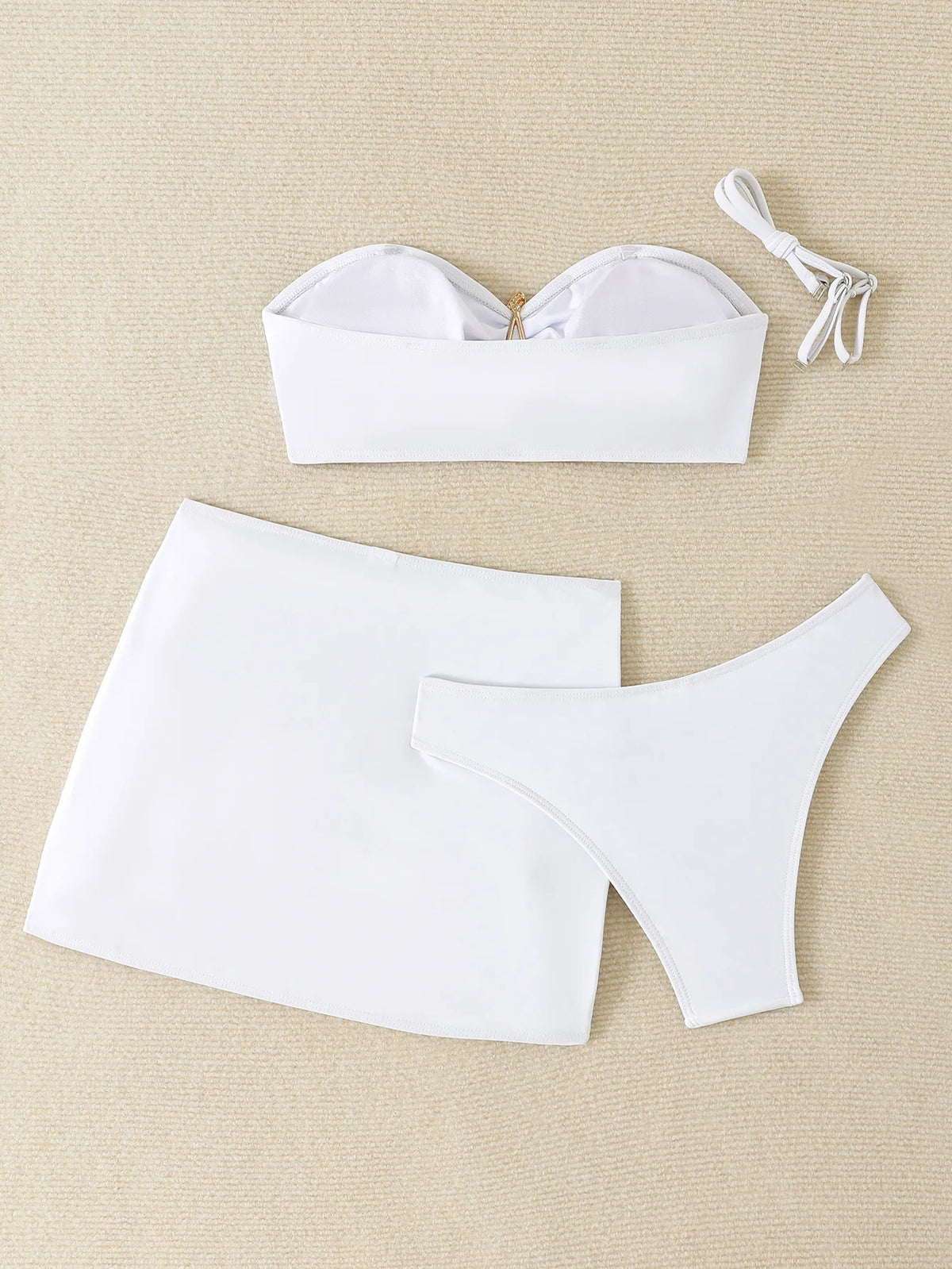 New White 3 Pieces Starfish Bandeau Bikini Set Swimsuit Women Swimwear with Sarong Skirts Dress Beach Wear Cut Out Bathing Suit