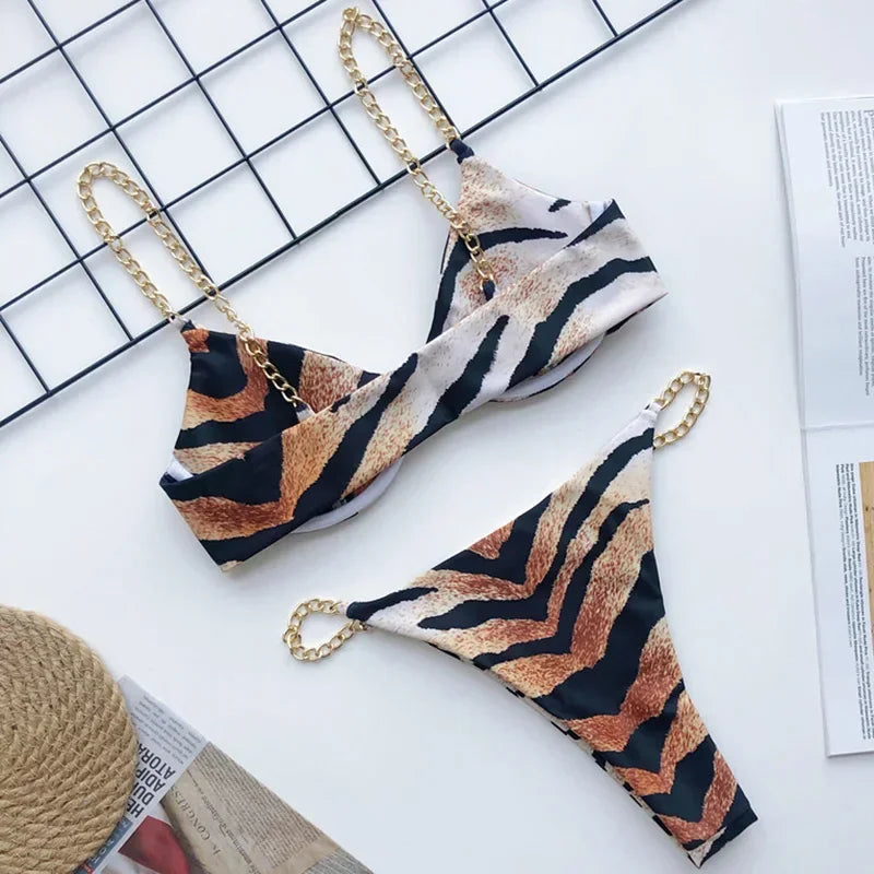 Sexy Metal Chains String High Cut One Piece Swimsuit Women Swimwear Female Monokini Tummy Cut Out Bathing Suit Swim Beach Wear