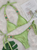 Sexy Rhinestone Bikini Set Women 2026 Luxury Pink Crystal Diamond Push Up Bandage Thong Swimsuit Beach Bathing Suit Swimwear