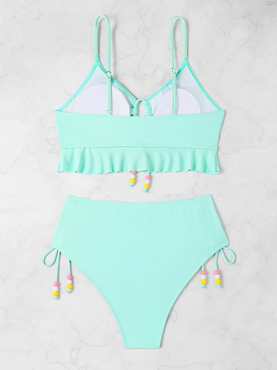 2026 High Waist Bikini Women Drawstring Swimwear Female Ruffle Swimsuit Solid Bathers Bathing Swimming Swim Suit Beachwear