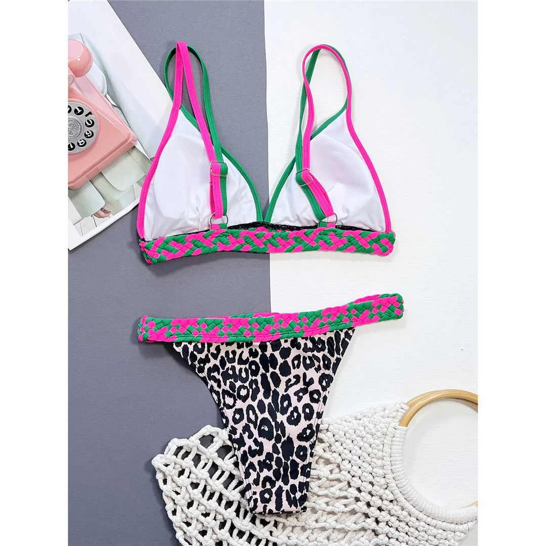 Leopard Printed Splicing High Leg Cut Bikini Female Swimsuit Women Swimwear Two-Pieces Bikini Set Bather Bathing Suit Swim V5836