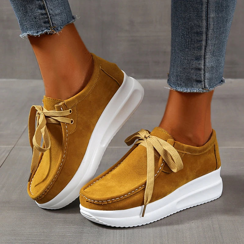 Yellow Lace Up Thick Bottom Sneakers Women Lightweight Wedges Platform Sport Shoes Woman Plus Size 43 Anti Slip Walking Shoes