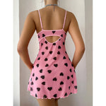 Pajamas Heart Print Lace Patchwork Camisole Dress Sexy Pure Desire Erotic Slim Fit Short Dress Bowknot Deep V Sleeveless Dress
