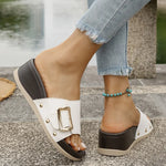 Buckle Decor Wedge Slippers Women Fashion Rivet High Heel White Sandals Woman Summer Slip On Pu Leather Platform Slides Mujer