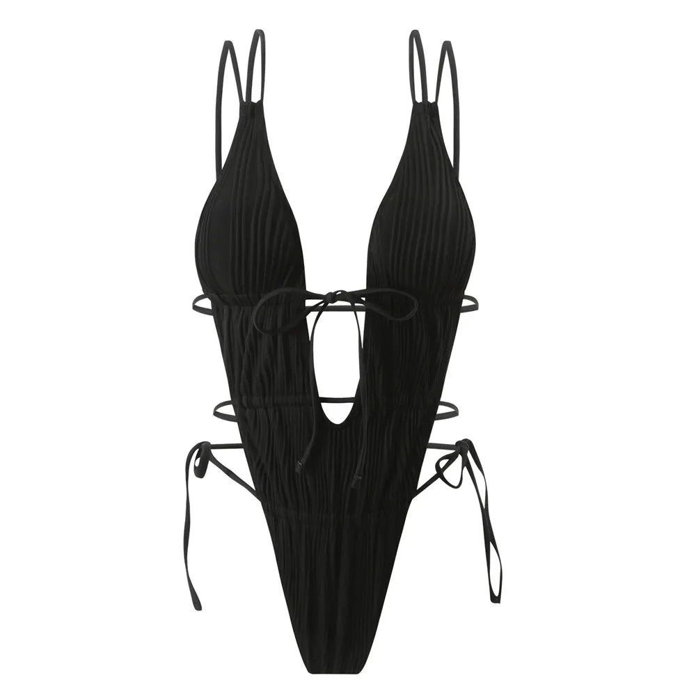 Sexy Backless One Piece Swimsuit Woman 2026 String Texture Swimwear Hollow Out Monokini High Cut Bathing Suit Deep V Neck Bather