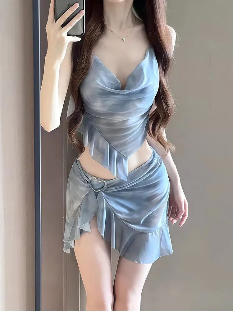 New Korean Style Bikini Set Women Pink Gradient Ruffles Push Up Mesh Skirt 3 Piece Swimsuit Summer Bathing Suit Holiday Swimwear