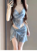 New Korean Style Bikini Set Women Pink Gradient Ruffles Push Up Mesh Skirt 3 Piece Swimsuit Summer Bathing Suit Holiday Swimwear