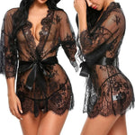 Women Sexy Lingerie Erotic Transparent V-Neck Nightwear Babydoll Robe G-string Costume Kimono Robe Lace Sleepwear Dress