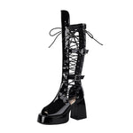 Plus Size Women Black Patent Matte Leather Lace Up Knee High Boots Peep Toe Platform Block Heel Back Zip Gothic Y2K Party Heels