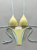 Womens Green Yellow Brazil Print Halter Tie Side Bikini Set For Beach Pool Vacation