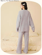 Women Autumn Winter Half Fleece Pajama Set Solid Round Neck Thick Warm Soft Casual Homewear Sleepwear Suit Wearable Outside