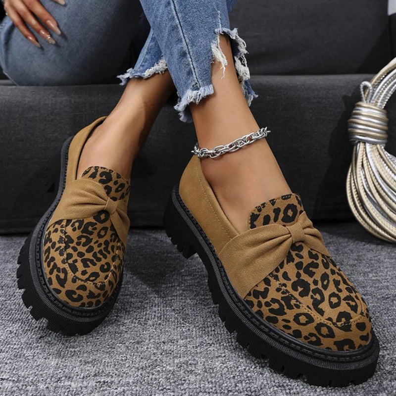 Leopard Faux Suede Loafers Shoes for Women Plus Size Platform Shoes Woman Bowknot Decoration Slip On Casual Shoes Mujer