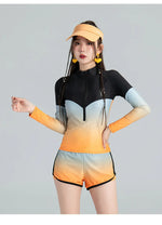 Long Sleeve Rash Guard Women Colorblock Two Piece Swimsuit Crop Top Swimwear High Neck Bathing Suits Zipper Surfing Suits Shorts