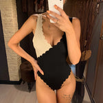 New Sexy Scalloped Splicing High Cut One Piece Swimsuit Women Swimwear Female Ribbed Bather Bathing Suit Swim Lady V2425