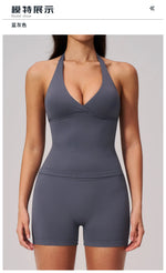 New Seamless Yoga Thread Set Women Hanging Neck V Neck Slim Sports Tank Top Hip Lifting Abdominal Tightening Shorts Fitness Suit