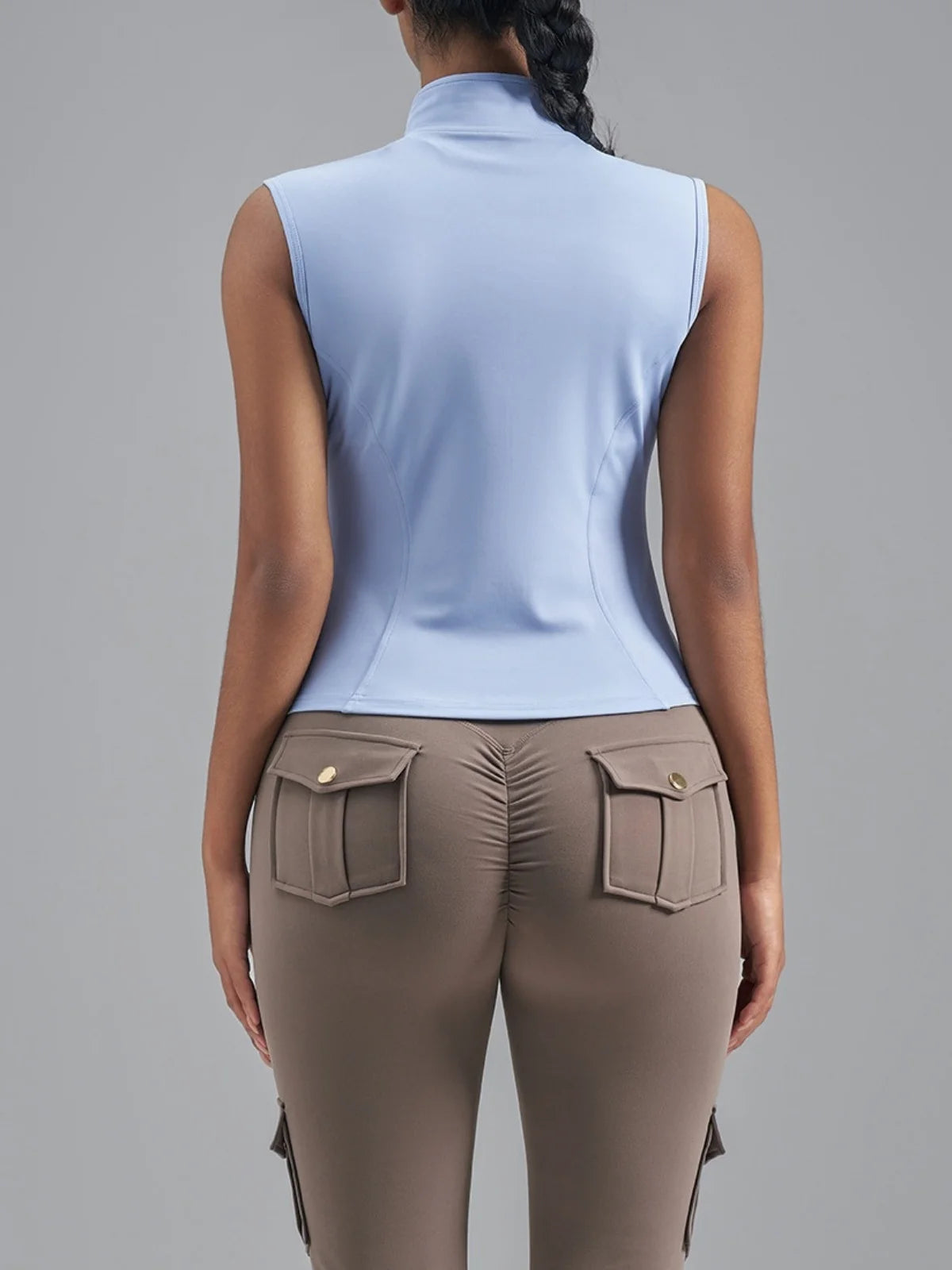 Women Zipper Yoga Shirts Solid Stand Up Collar Elastic Slim Fit Sports Jacket Breathable Sleeveless Sunscreen Workout Clothes