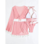 S - XL With Tassel Skirt Long Sleeve Bikini Women Swimwear Female Swimsuit Four-pieces Bikini set Bather Bathing Suit Swim V7060