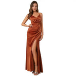 Women's Spaghetti Strap Satin Slit Dress Ruched V Neck Sleeveless Prom Dress Mermaid Bridesmaid Dress for Formal Evening Gown