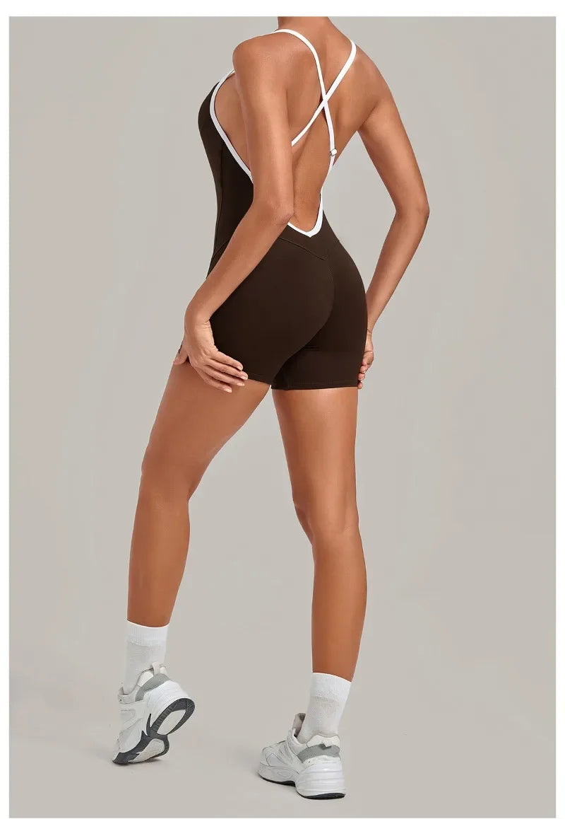 Women's Seamless Yoga Jumpsuits Fitness Sports Gym Hip-lifting Sleeveless One-piece Backless Workout Training Shorts Jumpsuit