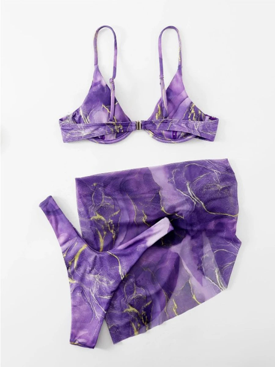 3 Pieces Print Push Up Bikini 2026 Women & Beach Skirt Strappy Swimsuit Sexy Swimwear Female Bathers Bathing Swimming Swim Suit