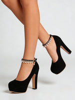 2026 Big Size 33-43 Classic Black Office Lady Beading Ankle Strap Platform Pumps Elegant Red 12cm Party High Heels Shoes Women