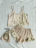 Spring Summer Silk Sleepwear Set, Fashion Print Shorts Pajamas Home Wear, Sexy Strap Dress Storage Bag, Comfortable Women's Nigh