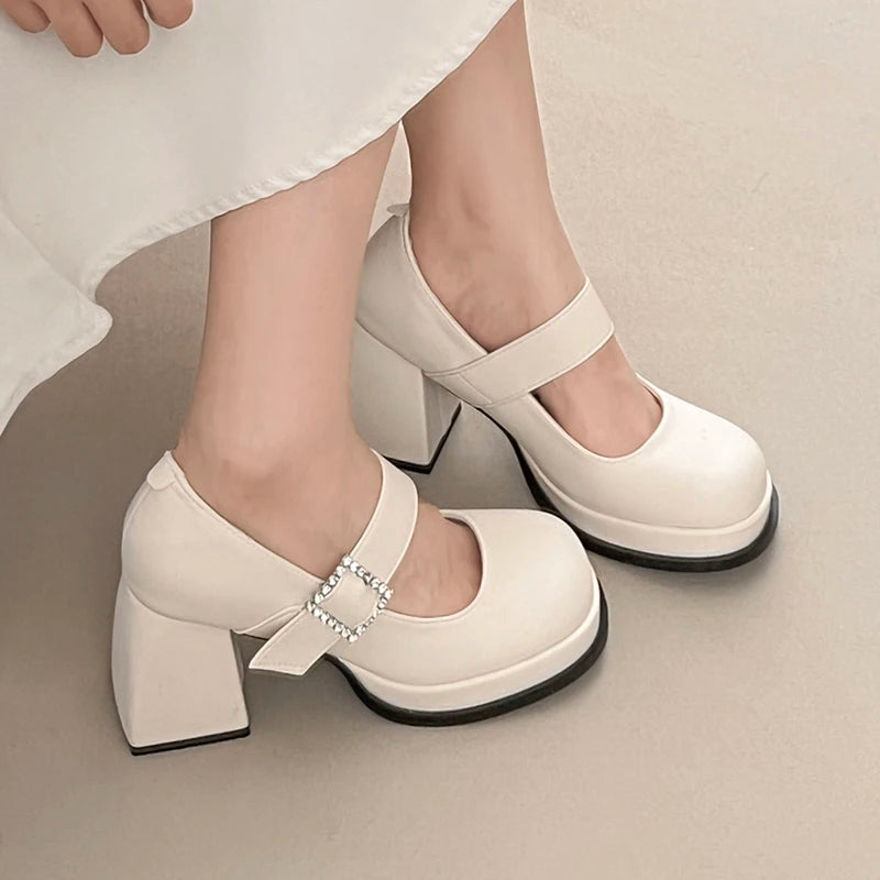 Elegant Chunky Heel Mary Jane Shoes Women 2025 Crystal Buckle Strap Platform Pumps Woman Thick High Heeled Party Shoes Ladies