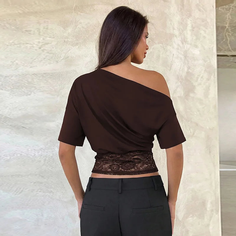 FDYOUI Sexy Chic Diagonal Collar Lace Patchwork T-shirts 2026 Women Short Sleeve Irregular Cropped T Shirt Lady Tunics Tops Tees
