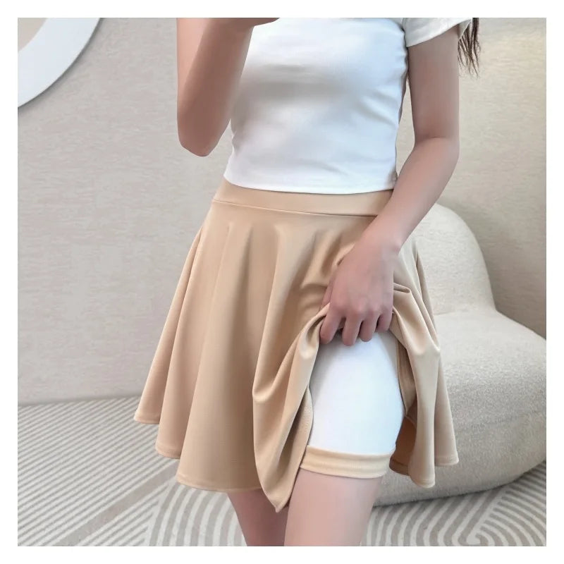 Women Flared Skirts Summer Basic Skirt Fashion Dancer Uniform Versatile Black Safety Pants Skirt Elastic Pleated Skirt Long 45CM