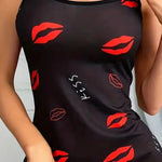 Women's Red Lip Letter Print Sexy Frill Trim Sleepwear Dress Round Neck Backless Slip Dress Comfortable Nightgown