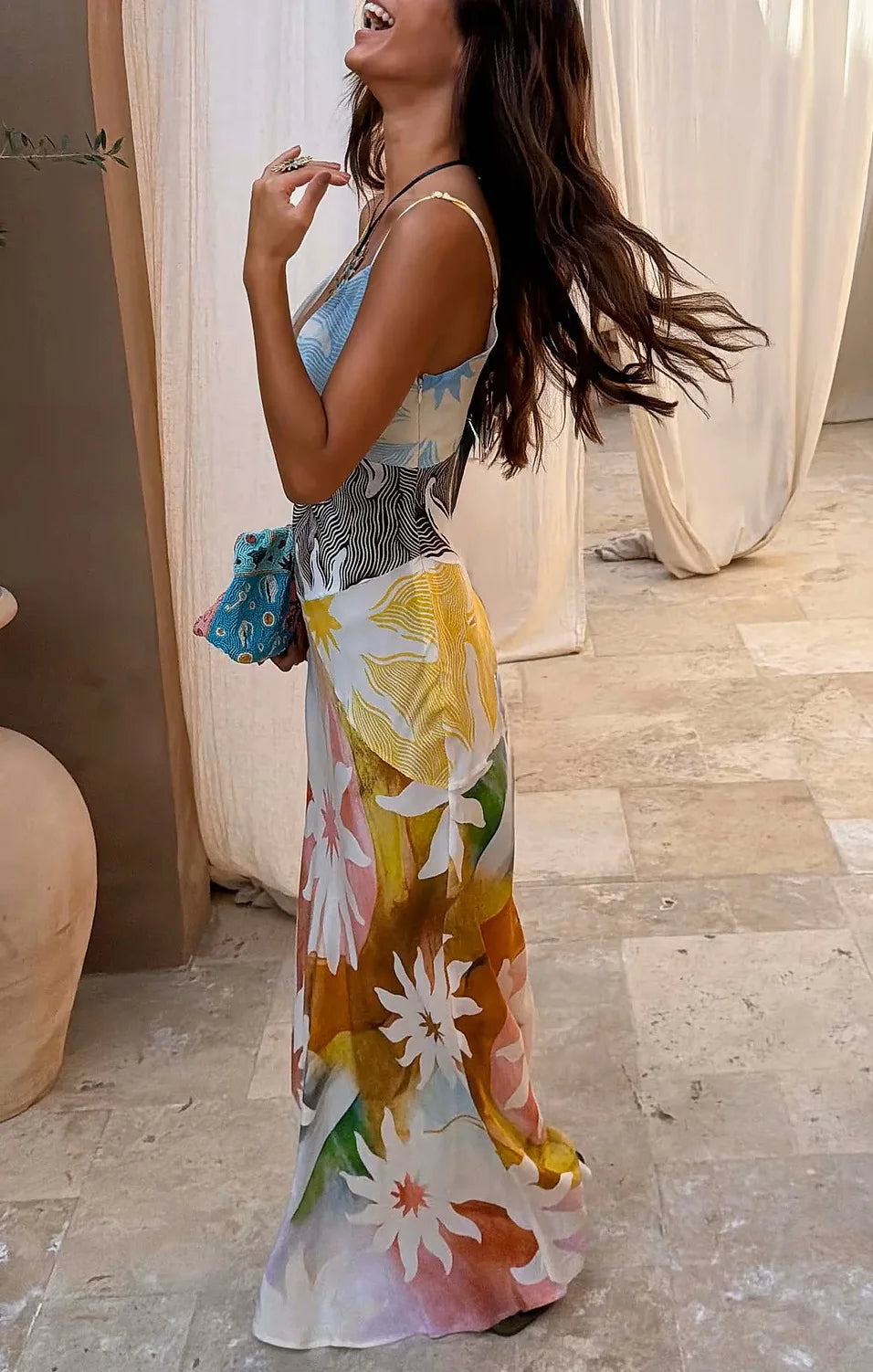 Summer New Print Spaghetti Strap Dress Women Summer New Fashion Sexy Deep V-neck Slim Dresses Vacation Style Bodycon Vestidos