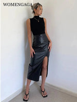 WOMENGAGA High Waist Slim Side Split PU Leather Skirt For Women Spring/Summer Irregular Split One Step Skirt Mid Length 761R