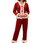 Womens Fall Winter2 Pieces Pajamas Set Bow Tie Front Furry Trim V Neck Long Sleeve Tops and Pants Christmas Lounge Wear