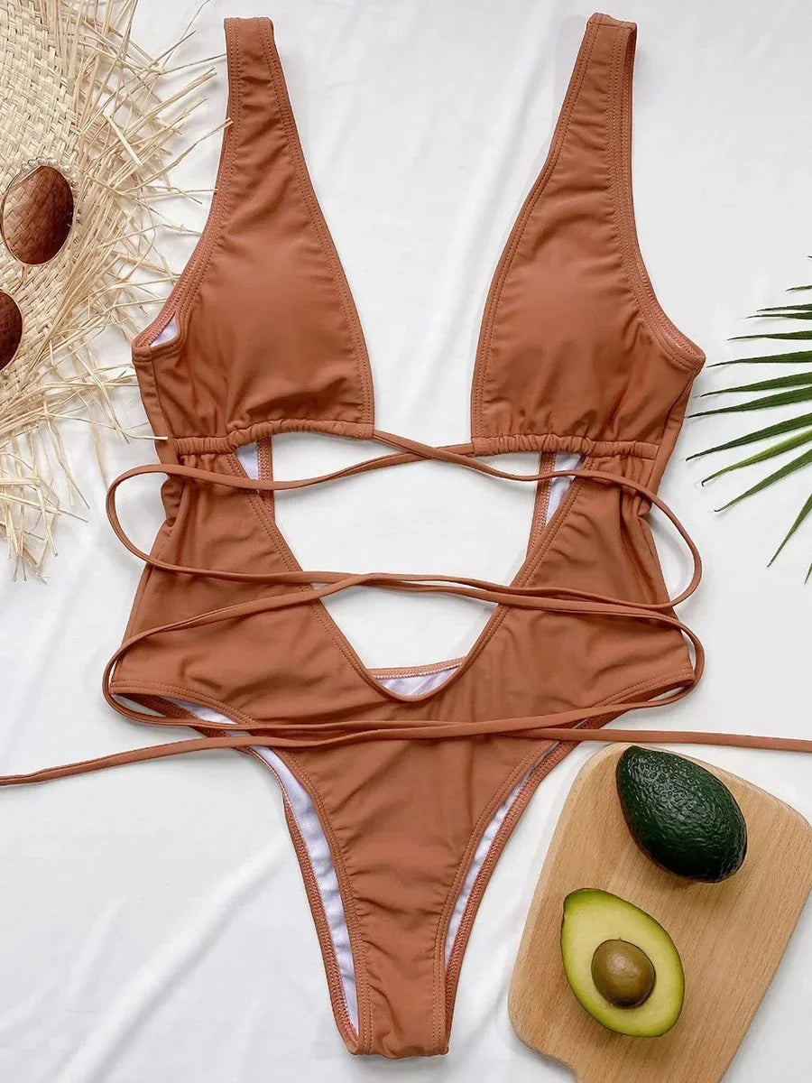 Deep V Neck Wrap Around High Cut Women Swimwear One Piece Swimsuit Female Monikini Tummy Cut Out Bathing Suit Swim Beach Wear